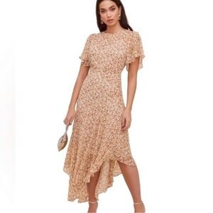 Floral High-Low Midi Dress in Gold ASTR
